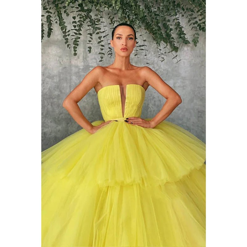 NumberSea - Ball Gown Strapless Yellow Tulle Long Prom Dress