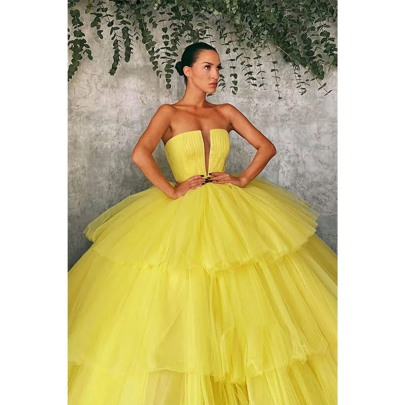 NumberSea - Ball Gown Strapless Yellow Tulle Long Prom Dress