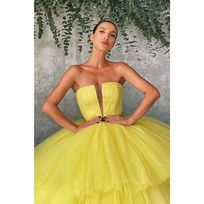 NumberSea - Ball Gown Strapless Yellow Tulle Long Prom Dress