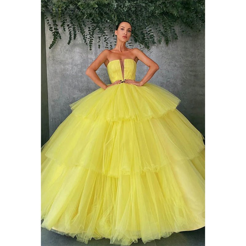 NumberSea - Ball Gown Strapless Yellow Tulle Long Prom Dress