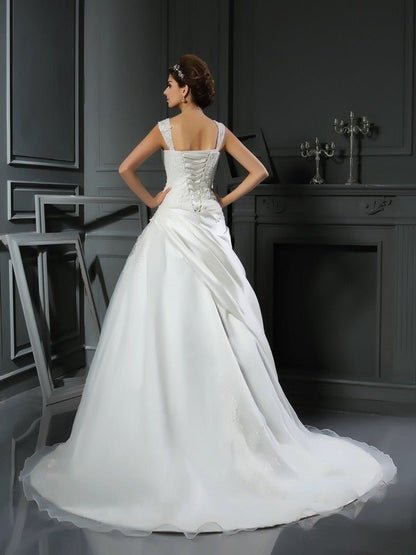 NumberSea - Ball Gown Straps Applique Sleeveless Long Satin Wedding Dresses