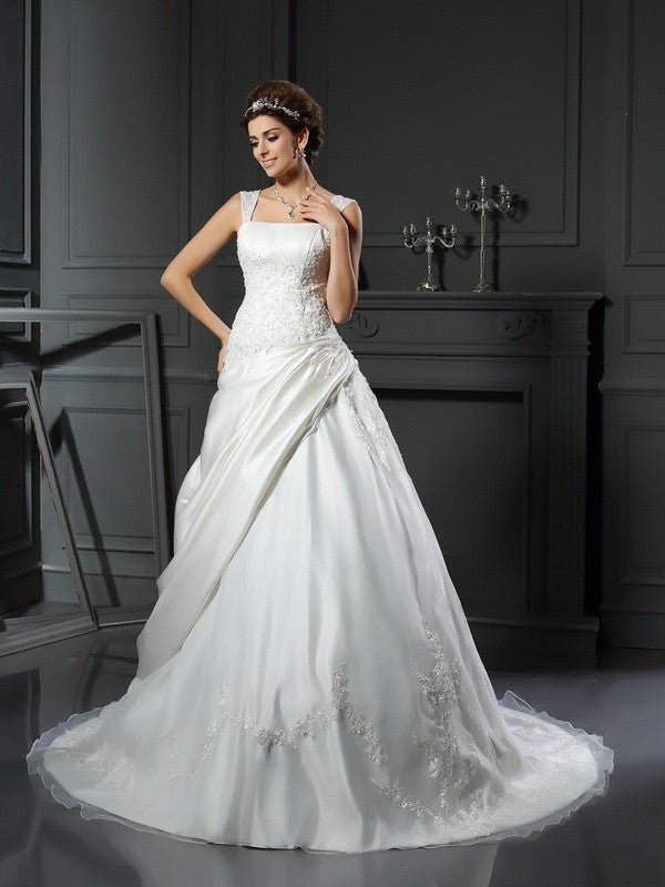 NumberSea - Ball Gown Straps Applique Sleeveless Long Satin Wedding Dresses