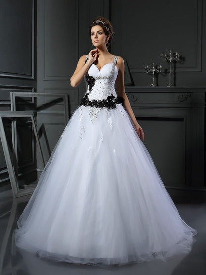 NumberSea - Ball Gown Straps Beading Sleeveless Long Tulle Wedding Dresses