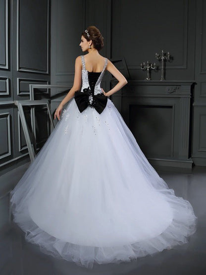 NumberSea - Ball Gown Straps Beading Sleeveless Long Tulle Wedding Dresses