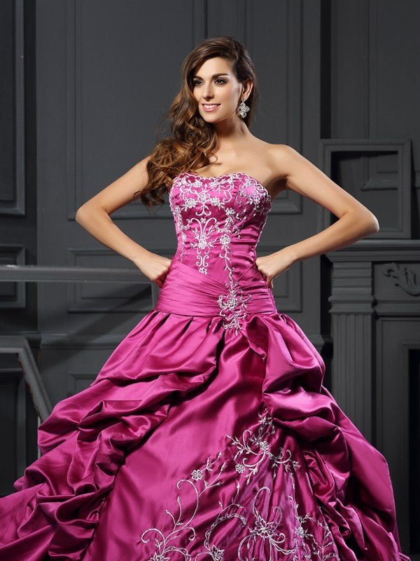 NumberSea - Ball Gown Sweetheart Applique Sleeveless Long Satin Quinceanera Dresses