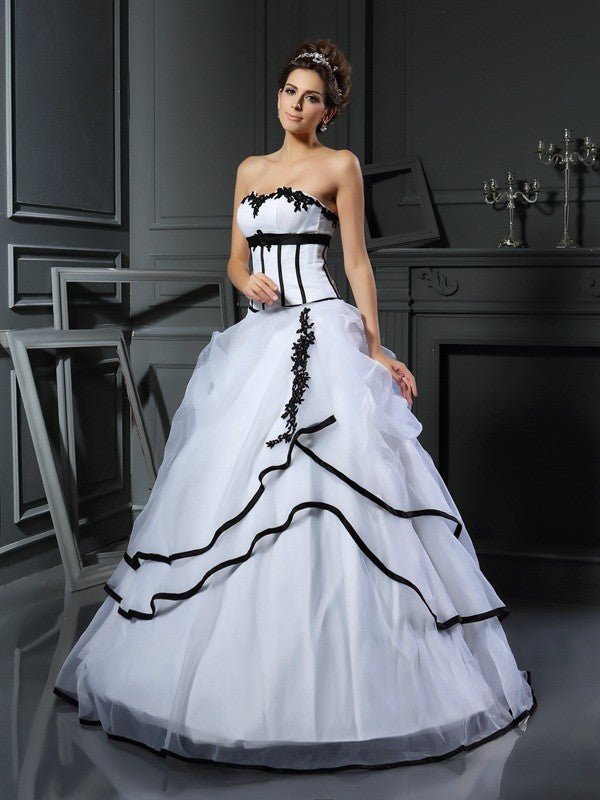 NumberSea - Ball Gown Sweetheart Applique Sleeveless Long Satin Wedding Dresses