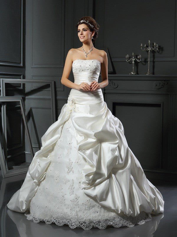 NumberSea - Ball Gown Sweetheart Beading Applique Sleeveless Long Satin Wedding Dresses