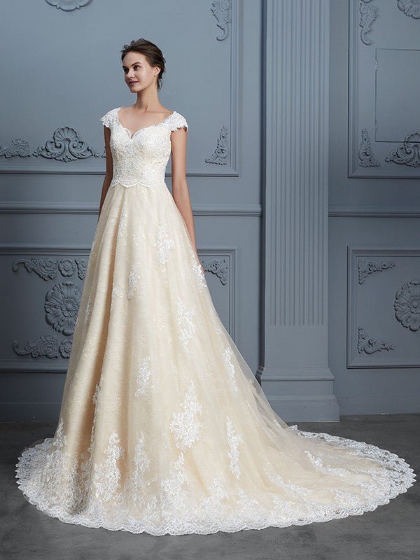 NumberSea - Ball Gown Sweetheart Beading Sleeveless Court Train Lace Wedding Dresses