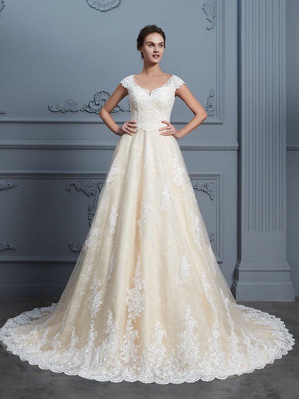 NumberSea - Ball Gown Sweetheart Beading Sleeveless Court Train Lace Wedding Dresses