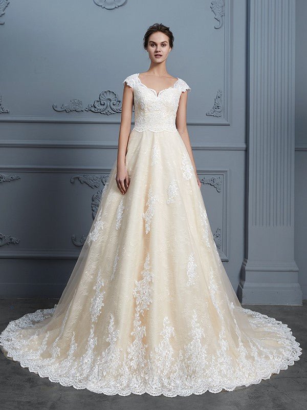 NumberSea - Ball Gown Sweetheart Beading Sleeveless Court Train Lace Wedding Dresses