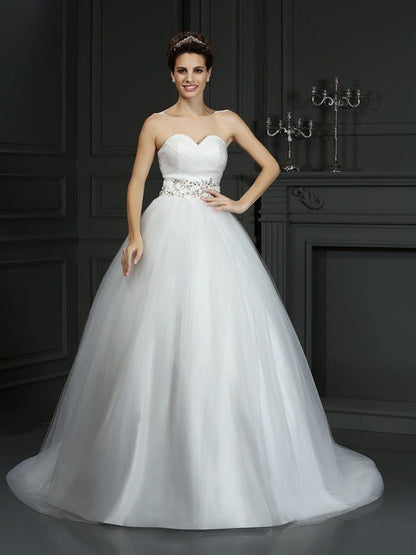 NumberSea - Ball Gown Sweetheart Beading Sleeveless Long Net Wedding Dresses