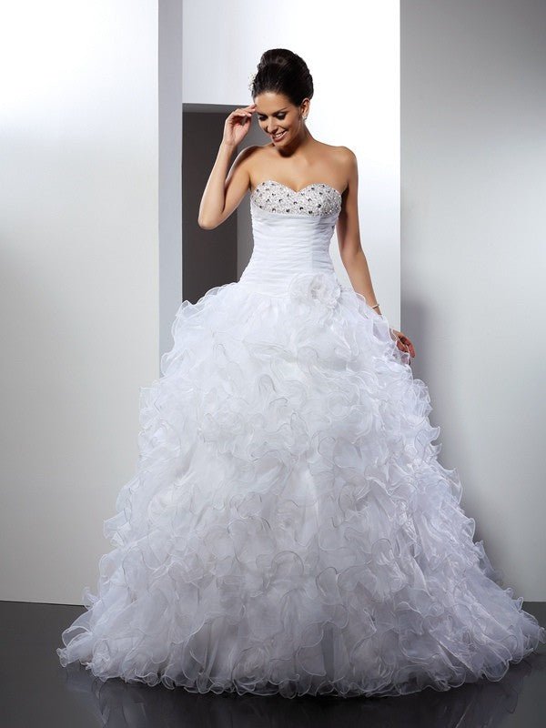 NumberSea - Ball Gown Sweetheart Beading Sleeveless Long Organza Wedding Dresses