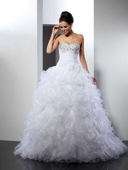 NumberSea - Ball Gown Sweetheart Beading Sleeveless Long Organza Wedding Dresses