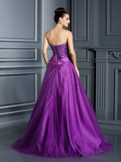 NumberSea - Ball Gown Sweetheart Beading Sleeveless Long Satin Quinceanera Dresses