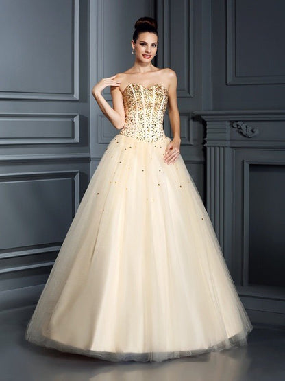 NumberSea - Ball Gown Sweetheart Beading Sleeveless Long Satin Quinceanera Dresses