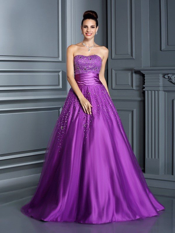 NumberSea - Ball Gown Sweetheart Beading Sleeveless Long Satin Quinceanera Dresses