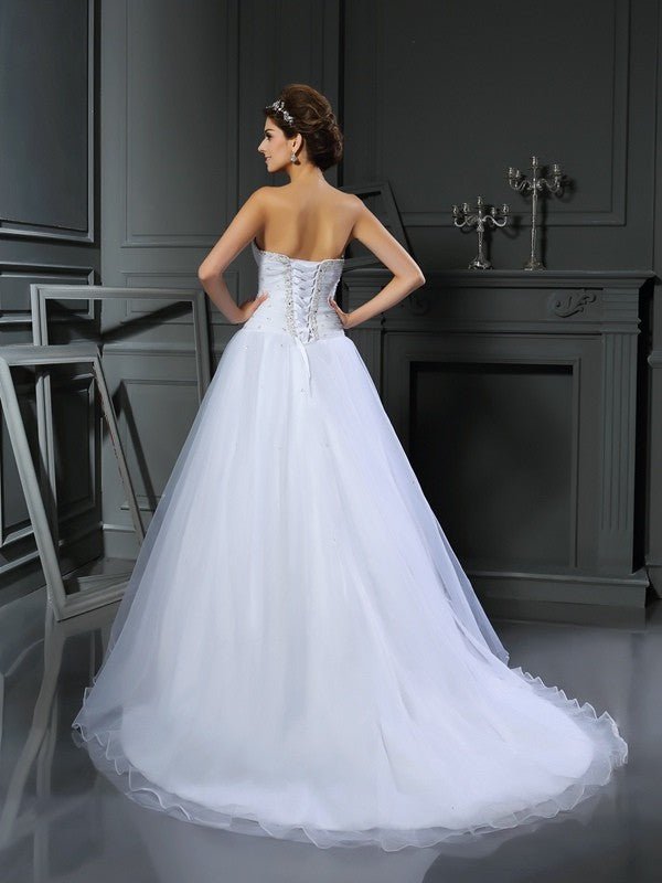 NumberSea - Ball Gown Sweetheart Beading Sleeveless Long Satin Wedding Dresses