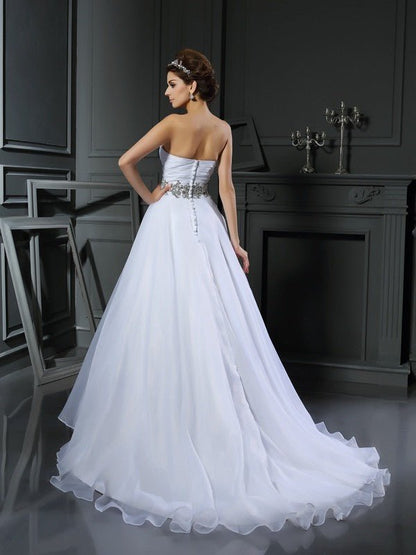 NumberSea - Ball Gown Sweetheart Beading Sleeveless Long Satin Wedding Dresses