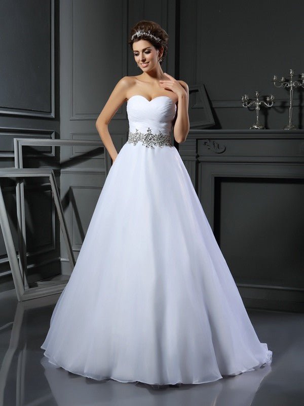 NumberSea - Ball Gown Sweetheart Beading Sleeveless Long Satin Wedding Dresses