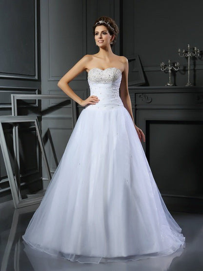 NumberSea - Ball Gown Sweetheart Beading Sleeveless Long Satin Wedding Dresses