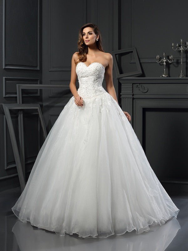 NumberSea - Ball Gown Sweetheart Beading Sleeveless Long Tulle Wedding Dresses