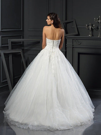 NumberSea - Ball Gown Sweetheart Beading Sleeveless Long Tulle Wedding Dresses