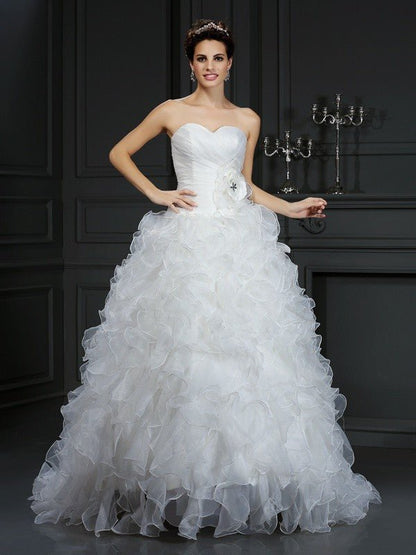 NumberSea - Ball Gown Sweetheart Hand - Made Flower Sleeveless Long Organza Wedding Dresses