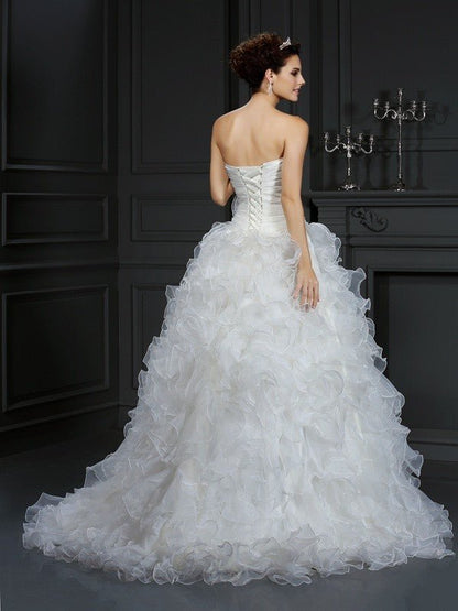 NumberSea - Ball Gown Sweetheart Hand - Made Flower Sleeveless Long Organza Wedding Dresses