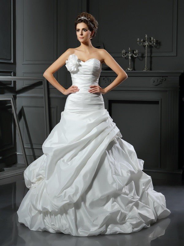 NumberSea - Ball Gown Sweetheart Hand - Made Flower Sleeveless Long Taffeta Wedding Dresses