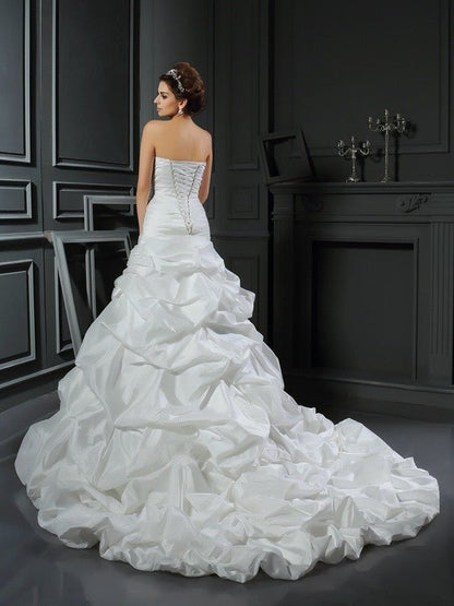 NumberSea - Ball Gown Sweetheart Hand - Made Flower Sleeveless Long Taffeta Wedding Dresses