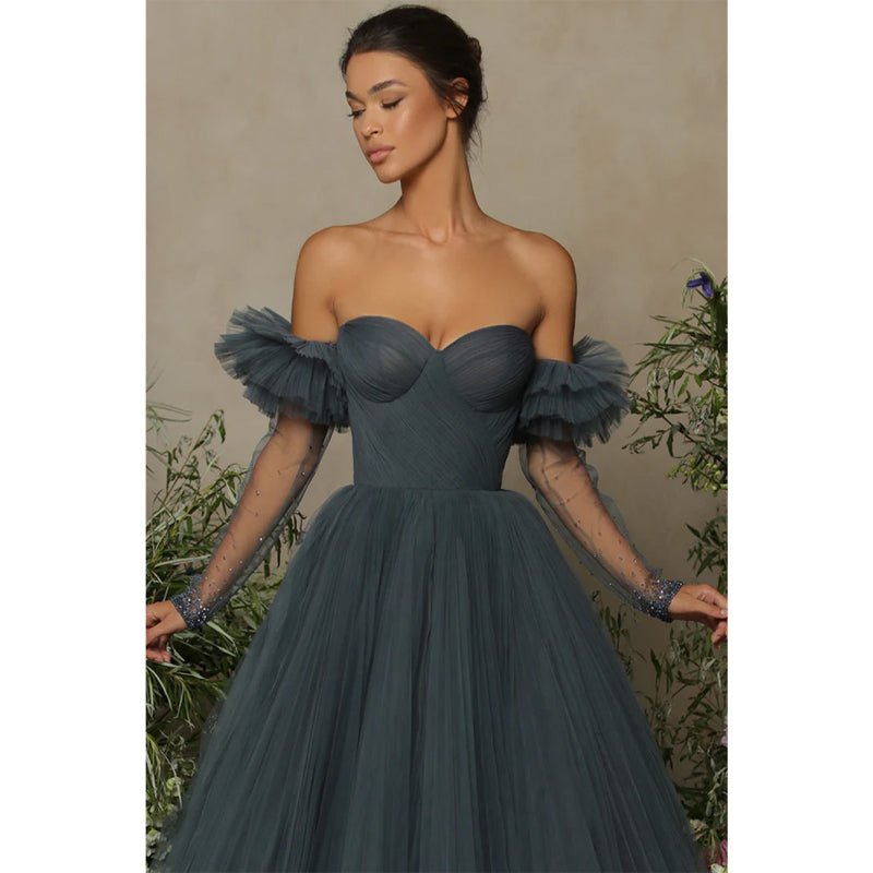 NumberSea - Ball Gown Sweetheart Long Sleeves Tulle Long Formal Evening Gown