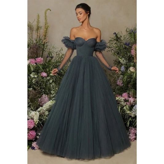 NumberSea - Ball Gown Sweetheart Long Sleeves Tulle Long Formal Evening Gown