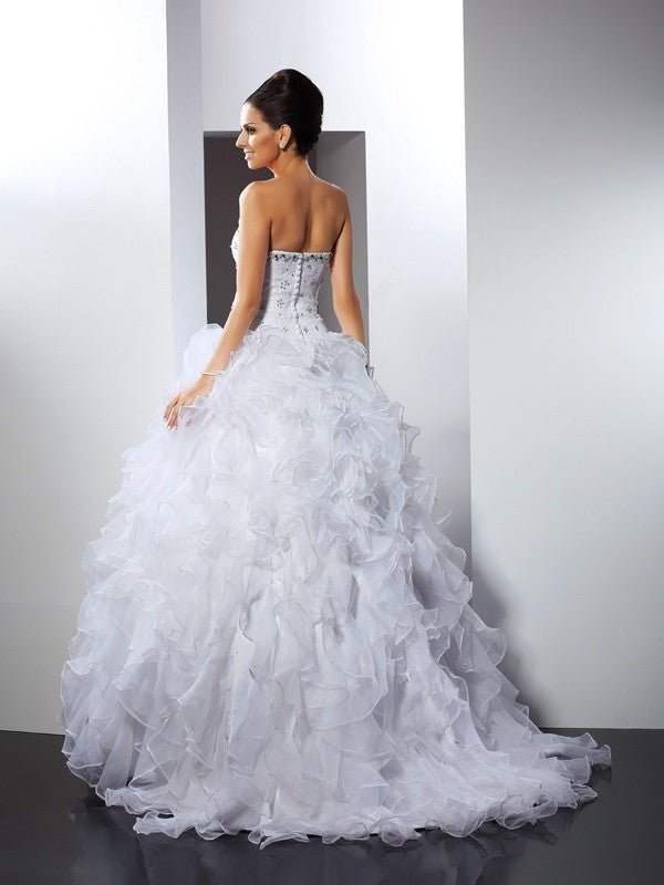 NumberSea - Ball Gown Sweetheart Ruffles Sleeveless Long Satin Wedding Dresses