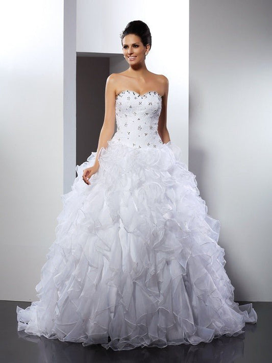 NumberSea - Ball Gown Sweetheart Ruffles Sleeveless Long Satin Wedding Dresses