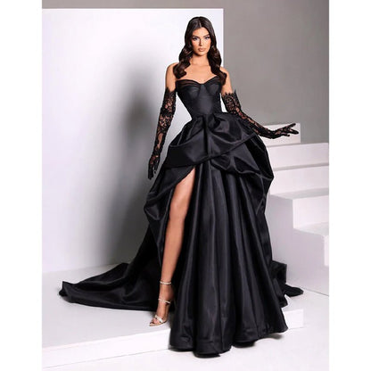 NumberSea - Ball Gown Sweetheart Side Slit Satin Pleated Long Formal Evening Gown