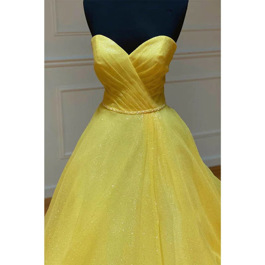 NumberSea - Ball Gown Sweetheart Yellow Tulle Pleat Long Senior Prom Dress Pageant Dress