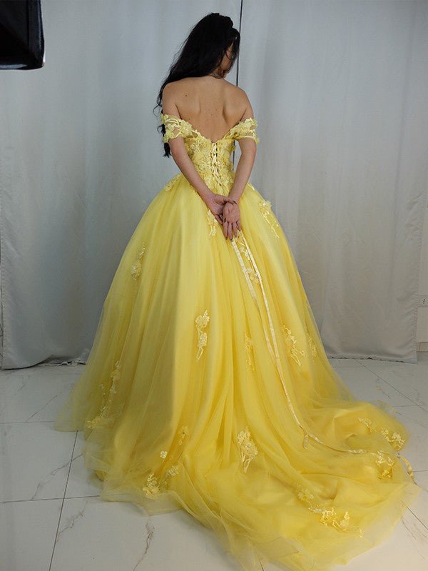 NumberSea - Ball Gown Tulle Applique Off - the - Shoulder Sleeveless Sweep/Brush Train Dresses