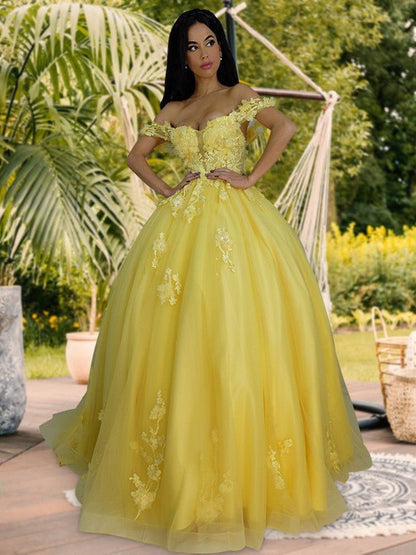 NumberSea - Ball Gown Tulle Applique Off - the - Shoulder Sleeveless Sweep/Brush Train Dresses