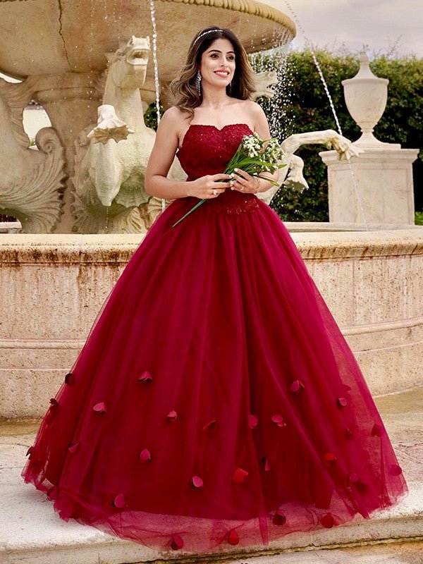 NumberSea - Ball Gown Tulle Applique Sweetheart Sleeveless Floor - Length Dresses