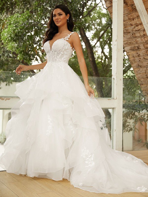 NumberSea - Ball Gown Tulle Applique V - neck Sleeveless Court Train Wedding Dresses