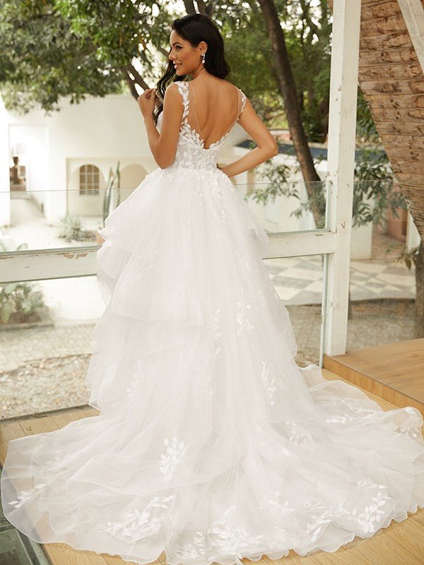 NumberSea - Ball Gown Tulle Applique V - neck Sleeveless Court Train Wedding Dresses