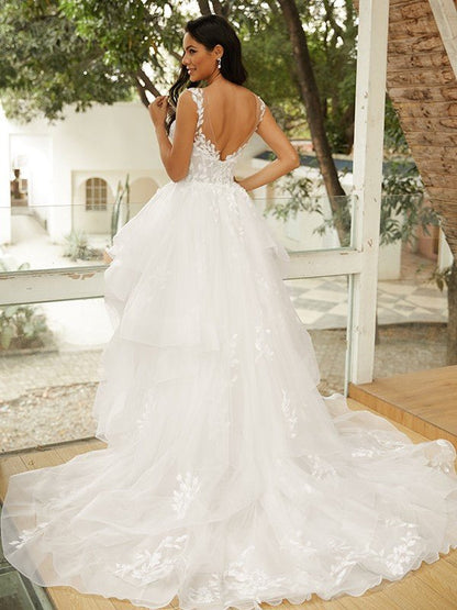 NumberSea - Ball Gown Tulle Applique V - neck Sleeveless Court Train Wedding Dresses