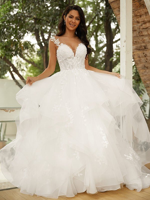 NumberSea - Ball Gown Tulle Applique V - neck Sleeveless Court Train Wedding Dresses