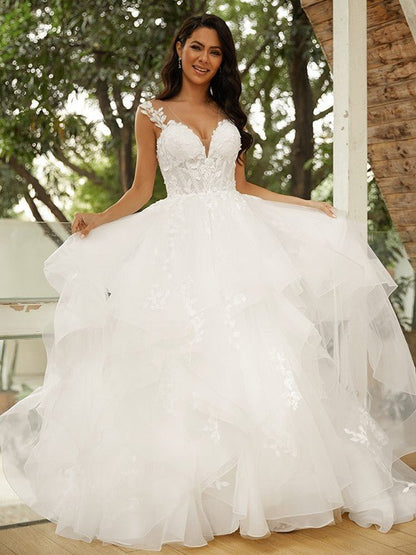 NumberSea - Ball Gown Tulle Applique V - neck Sleeveless Court Train Wedding Dresses