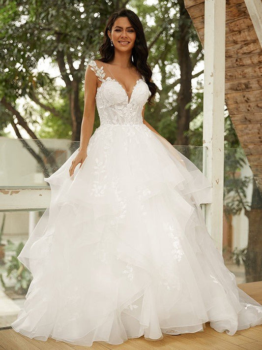 NumberSea - Ball Gown Tulle Applique V - neck Sleeveless Court Train Wedding Dresses