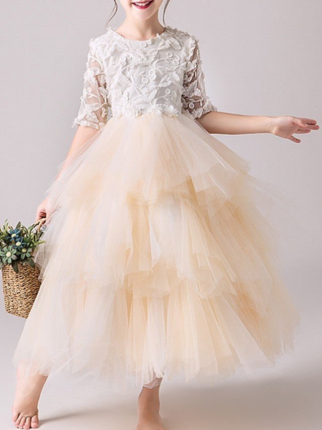 NumberSea - Ball Gown Tulle Jewel Neck Pageant Flower Girl Dresses With Sleeves