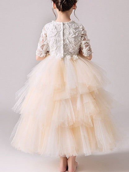 NumberSea - Ball Gown Tulle Jewel Neck Pageant Flower Girl Dresses With Sleeves