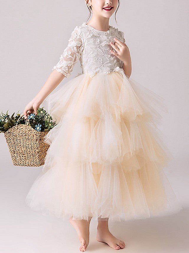 NumberSea - Ball Gown Tulle Jewel Neck Pageant Flower Girl Dresses With Sleeves