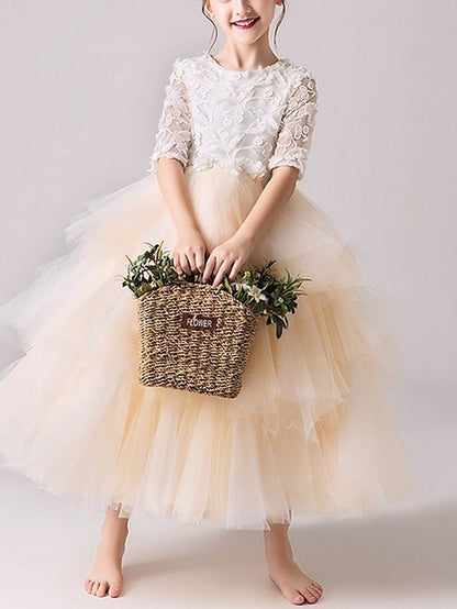 NumberSea - Ball Gown Tulle Jewel Neck Pageant Flower Girl Dresses With Sleeves