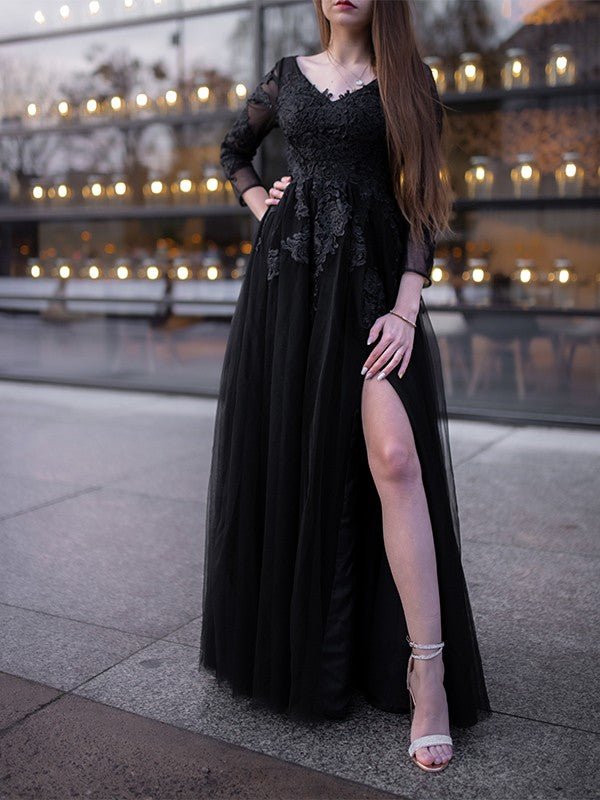 NumberSea - Ball Gown Tulle Long Sleeves Applique Off - the - Shoulder Floor - Length Dresses